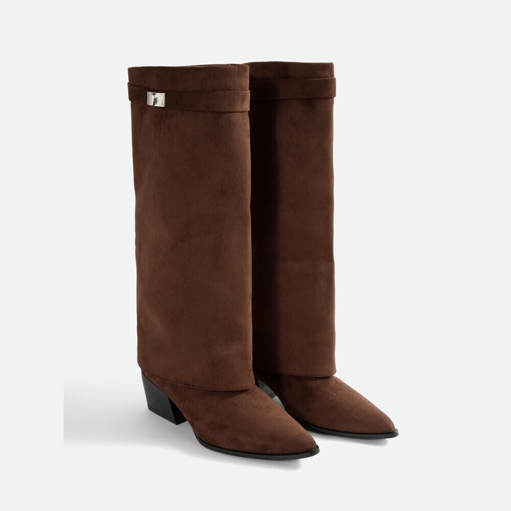 Brown Faux Suede Foldover Cuff Pointed Toe Knee-High Boots